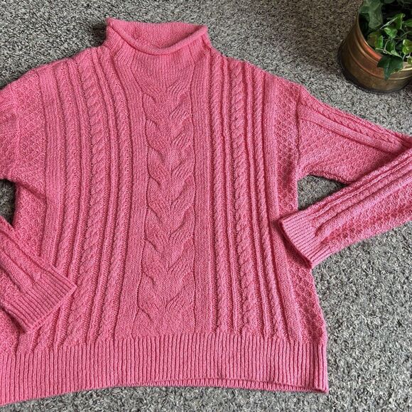 J.Crew Womens SMALL Roll Neck Cable Knit Sweater Coral Pink Cotton Blend NEW - Picture 2 of 6